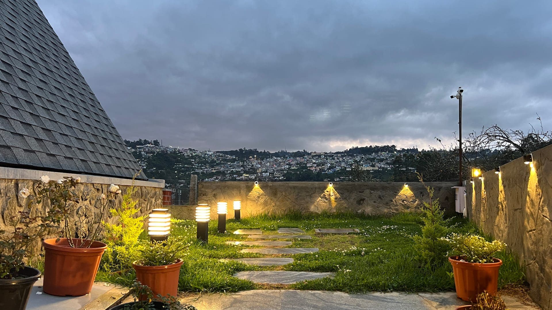 Garden pathway at dusk